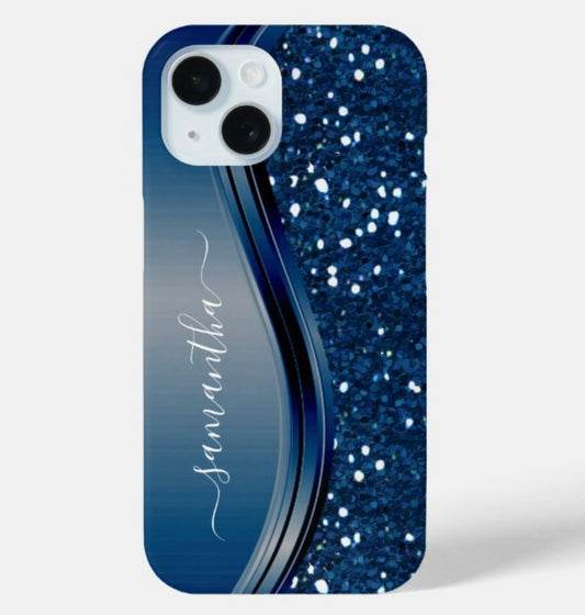 Personalize Navy Blue Metal Glitter Phone Case