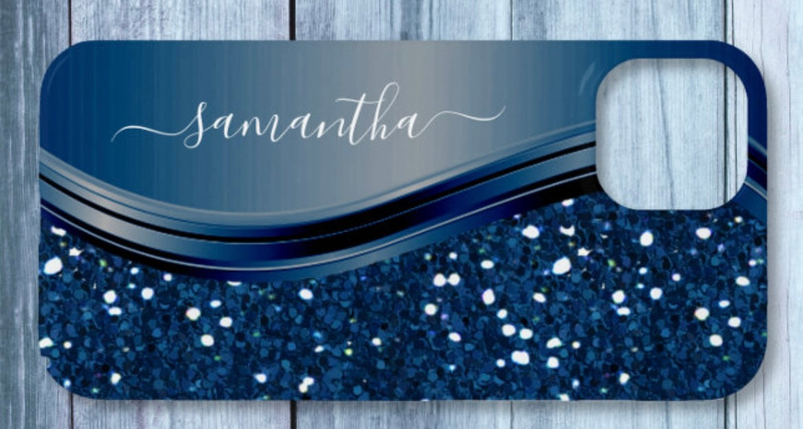 Personalize Navy Blue Metal Glitter Phone Case