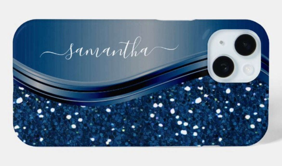 Personalize Navy Blue Metal Glitter Phone Case